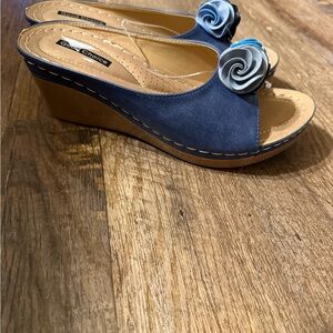 Stylish Blue Wedge Sandals with Floral Accents